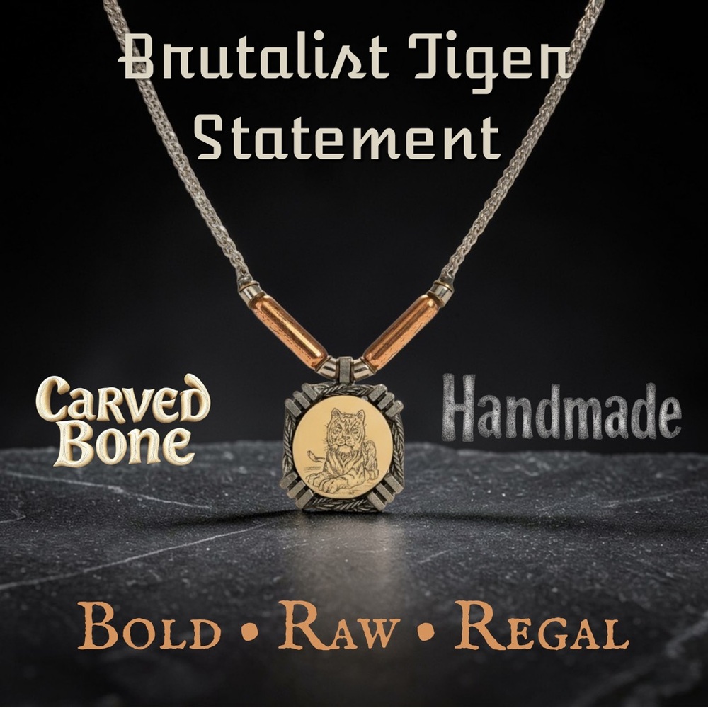 Handmade Brutalist Tiger Necklace - Carved Bone Pendant - Masculine - 20”